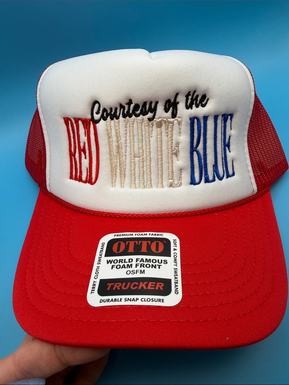 Patriotic Embroidered Trucker Hat Ted White Blue USA Vacation Lake Baseball Cap